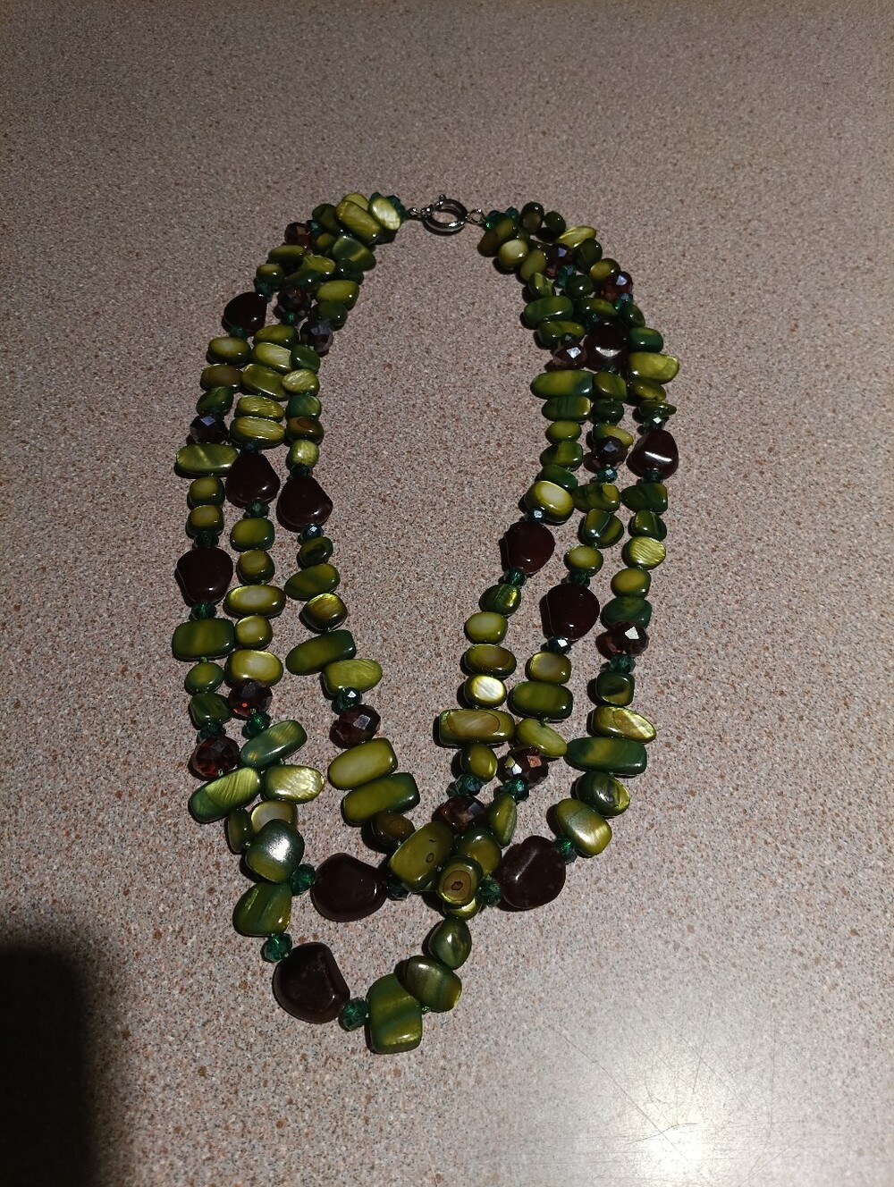 Green Glass Necklace, Bib Style Necklace in Three Strands ,Yellow and Burgundy